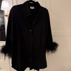 Tuckernuck Elegant Black Blouse with Feather Cuffs